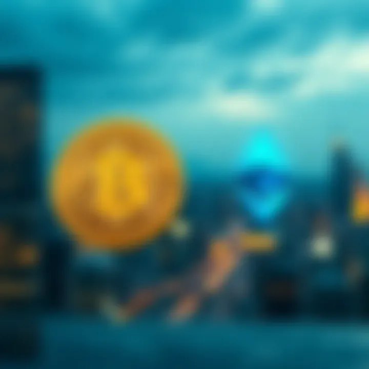 Visual comparison of Bitcoin and Ethereum symbols with a futuristic city backdrop