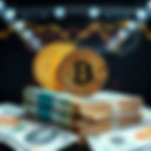 Bitcoin vs Fiat A comparison of Bitcoin and fiat currency showing Bitcoin's blockchain technology and a stack of banknotes, representing traditional money.