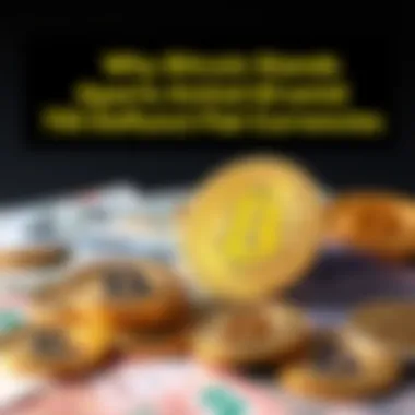 A visual comparison of Bitcoin coins and paper fiat currency notes with a focus on Bitcoin's fixed supply against multiple defunct currencies.