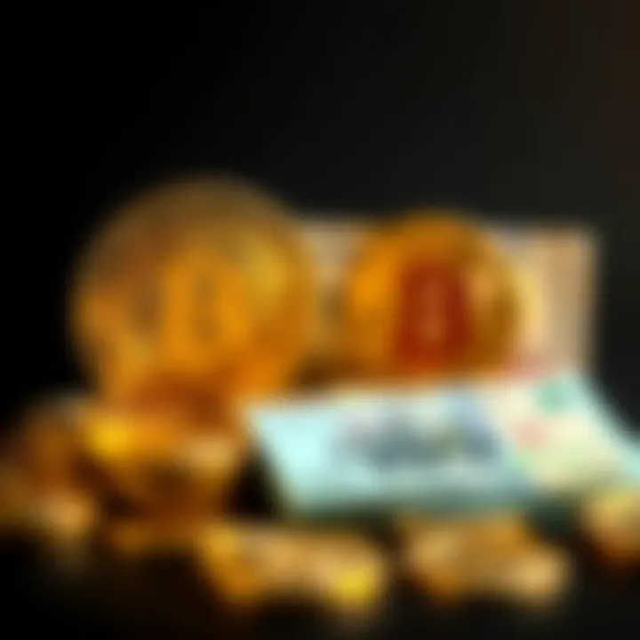 A visual representation showing Bitcoin coins alongside traditional fiat money, highlighting their competition in the digital currency space.
