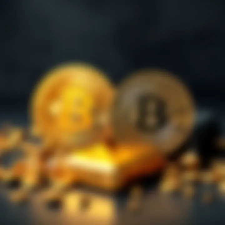 A graphic showing Bitcoin and gold side by side, highlighting their differences as investment options, with Bitcoin symbol and gold bar.