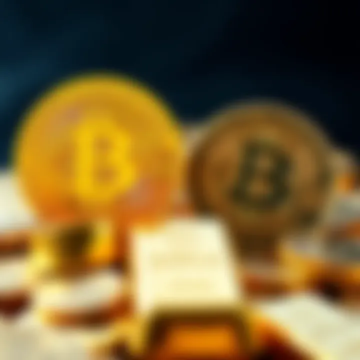 Bitcoin vs Gold investment choices A split image showing Bitcoin coins on one side and gold bars on the other, representing investment options.
