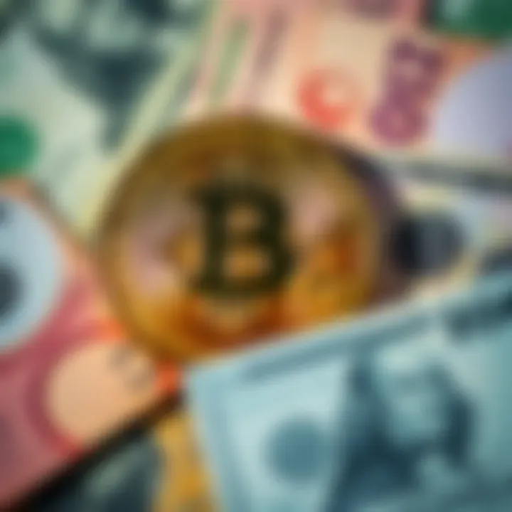 A visual showing Bitcoin symbol alongside traditional currency notes, representing the comparison between Bitcoin and government-backed currencies.