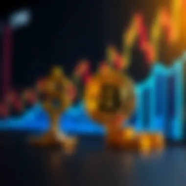 A graphic showing a Bitcoin symbol next to a dollar sign and a stock market chart, representing small daily investments in cryptocurrency and index funds.