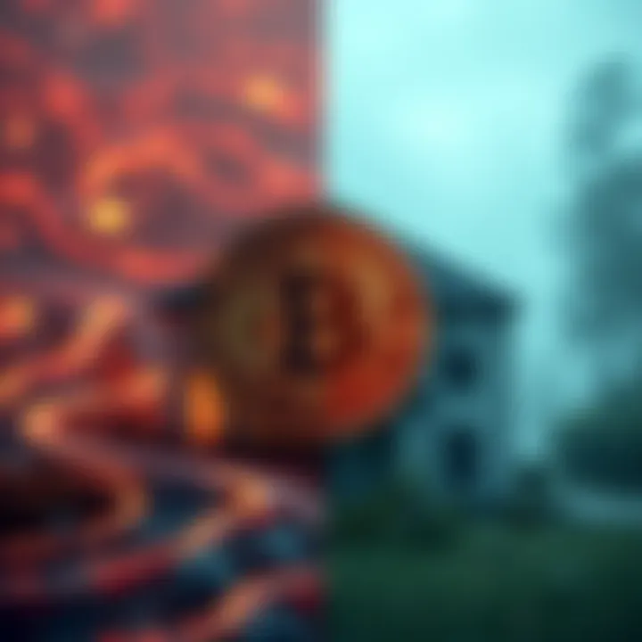 A split image showing a Bitcoin symbol on one side and a house on the other, representing the choice between investing in cryptocurrency or real estate.