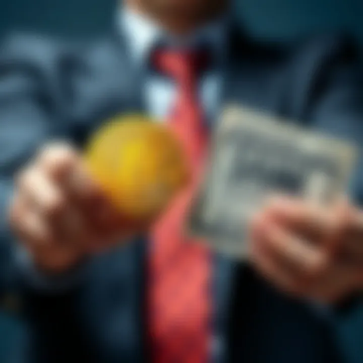 A person holding a Bitcoin coin in one hand and a traditional savings account book in the other, symbolizing the choice between investing in cryptocurrency and saving in a bank.