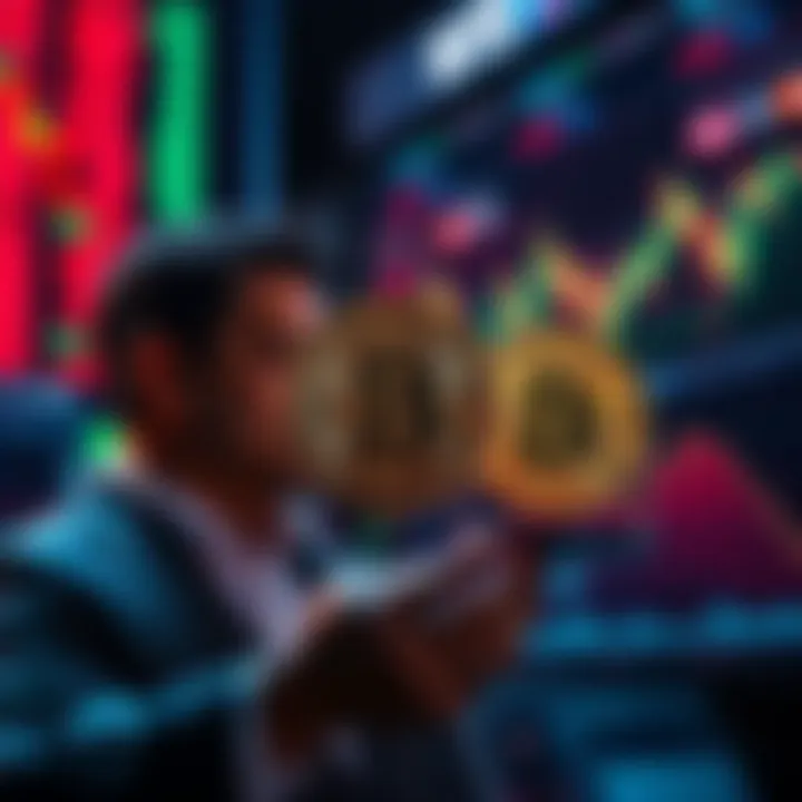 An investor weighing Bitcoin against traditional stocks, showing a Bitcoin symbol and stock market graphics in the background.