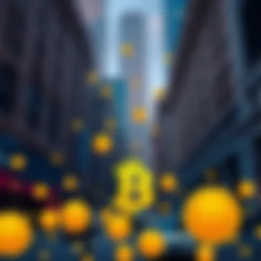 A graphic showing Bitcoin symbols and Wall Street buildings illustrating the financial changes due to cryptocurrency.