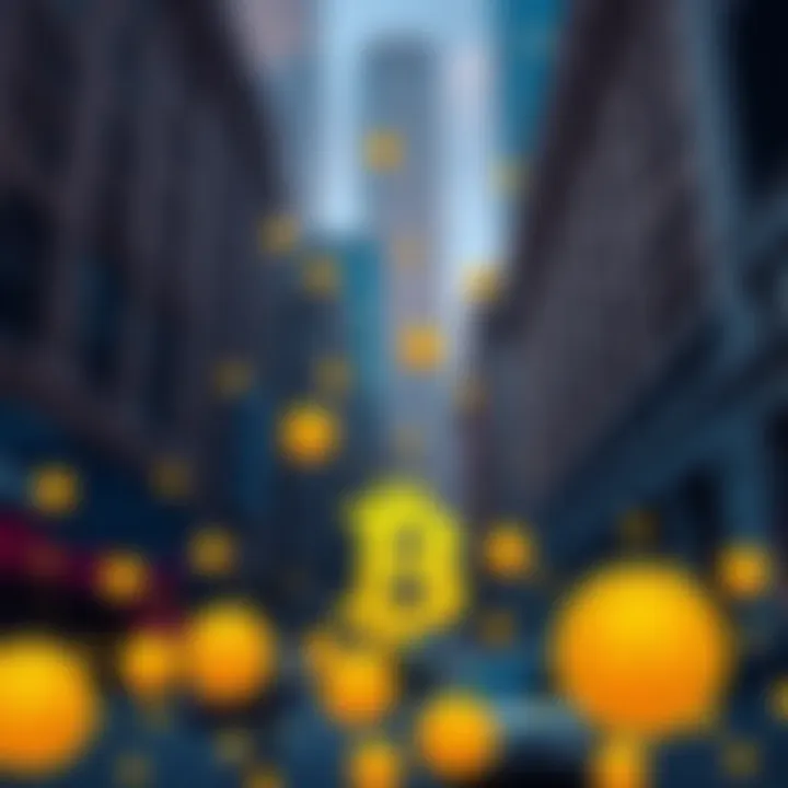 A graphic showing Bitcoin symbols and Wall Street buildings illustrating the financial changes due to cryptocurrency.
