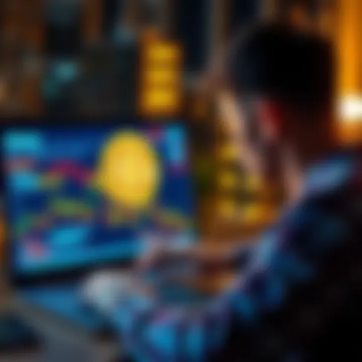 A person looking at a laptop screen showing Bitcoin wallet interface and mining graphics.