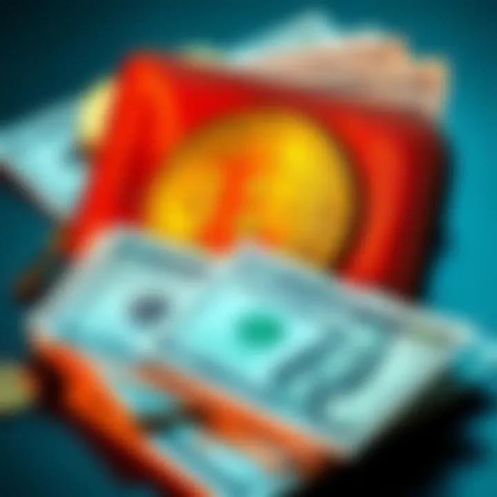 A visual of a Bitcoin wallet alongside twenty dollar bills, illustrating the purchase of Bitcoin with cash.