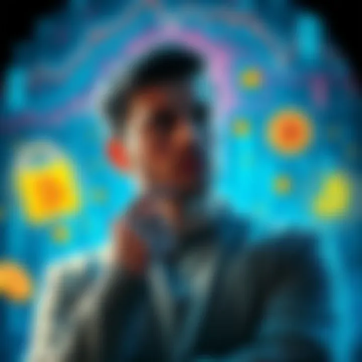 A person contemplating Bitcoin wallets, with visual elements representing security and digital currency around them.
