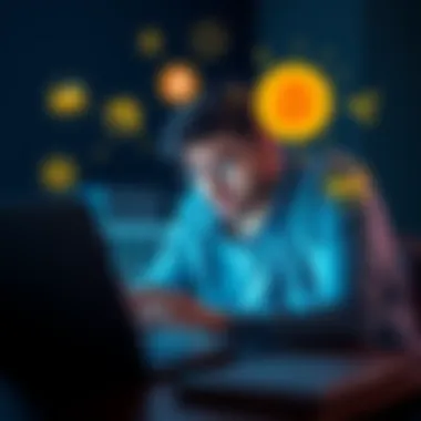 Bitcoin wallet and exchange interface A person looking confused while using a Bitcoin wallet on a laptop, with various icons representing wallets and exchanges around them.