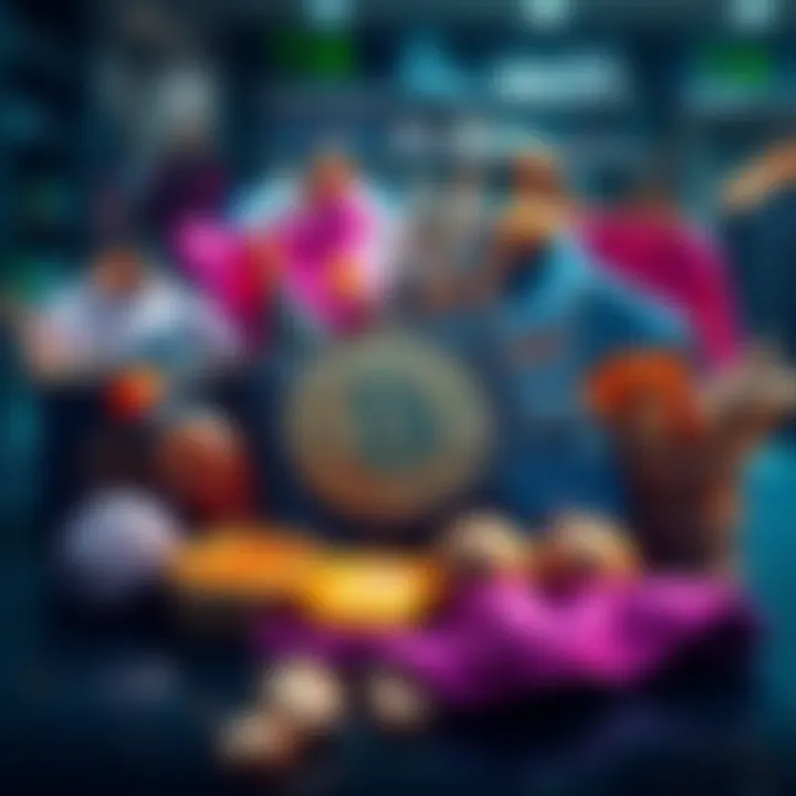 A Bitcoin wallet displayed with various shopping items like groceries and clothes, representing everyday purchases.