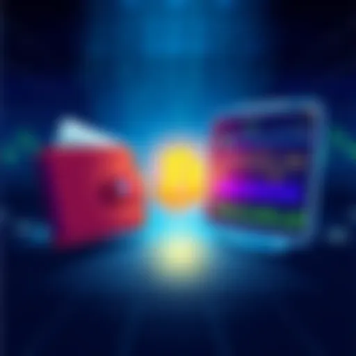 Illustration showing a secure wallet on one side and a digital exchange interface on the other, representing Bitcoin storage options.