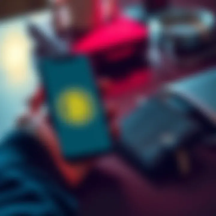 A person holding a smartphone showing Bitcoin and a physical hardware wallet on a table, representing hot and cold storage options for cryptocurrency.