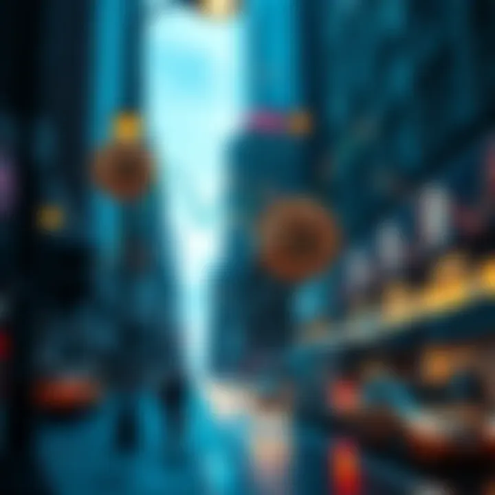 A graphic showing Bitcoin symbols merging with Wall Street elements like stock charts and buildings