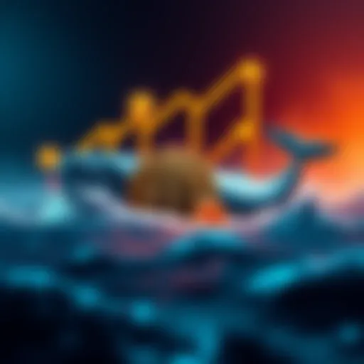 A graphic showing Bitcoin whales increasing their holdings, with symbols of Bitcoin and arrows indicating growth amidst market uncertainty.