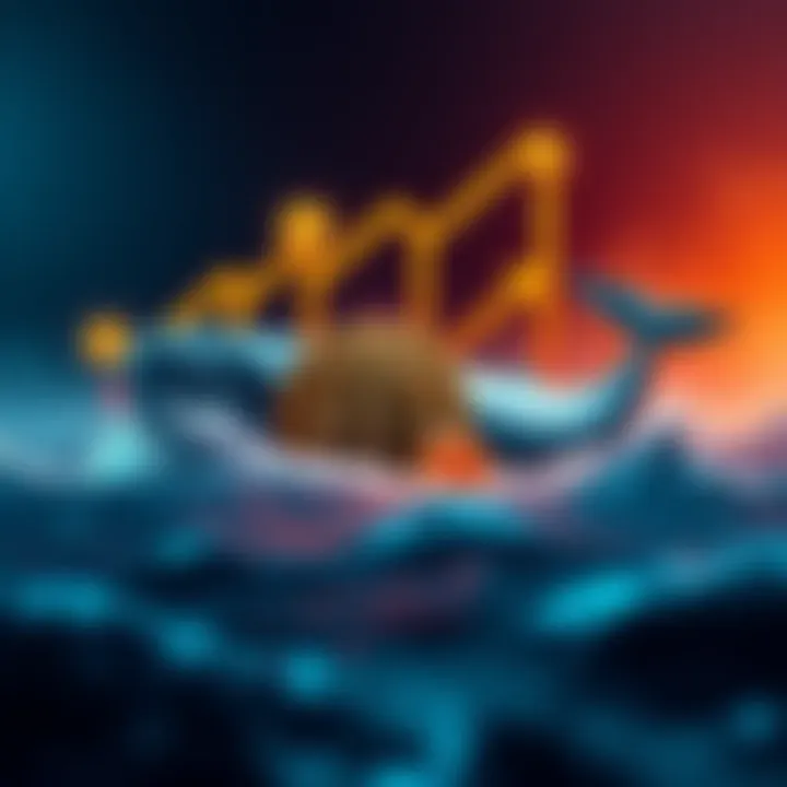 A graphic showing Bitcoin whales increasing their holdings, with symbols of Bitcoin and arrows indicating growth amidst market uncertainty.