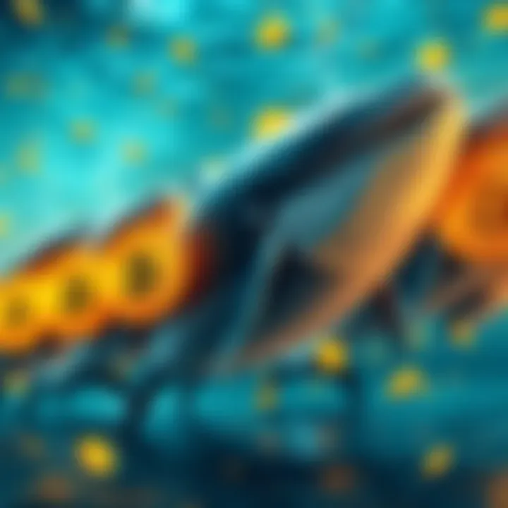 A group of Bitcoin whales represented as large fish holding gold coins, symbolizing long-term holders in the cryptocurrency market