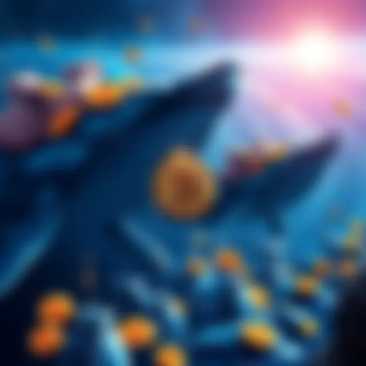 Illustration of whales holding Bitcoin coins looking for retail investors to help recover losses