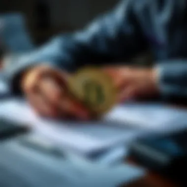 A person writing a will with a Bitcoin symbol on a desk surrounded by paperwork.