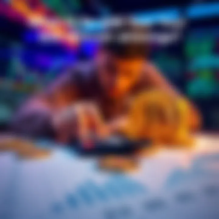 A person contemplating their Bitcoin winnings with a calculator and investment charts on a table