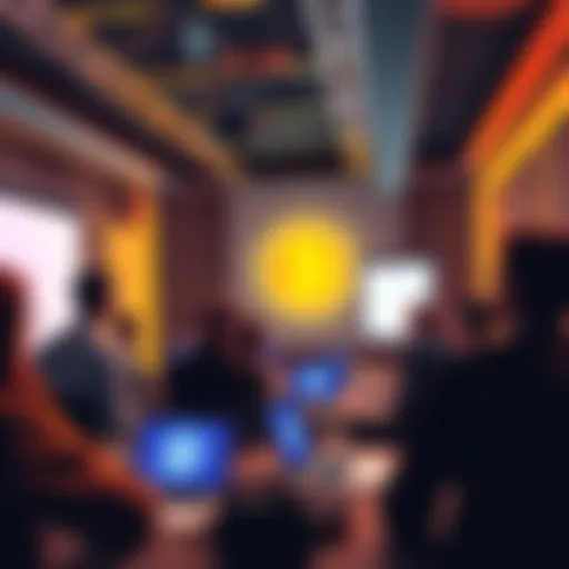 A group of people discussing ideas at a Bitcoin research workshop with presentations and laptops