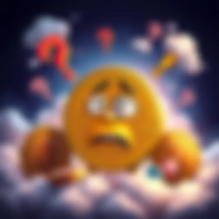 Bitcoin with a worried face A cartoon Bitcoin character with a worried expression, surrounded by symbols of fear and uncertainty, like question marks and storm clouds, representing FUD in the market