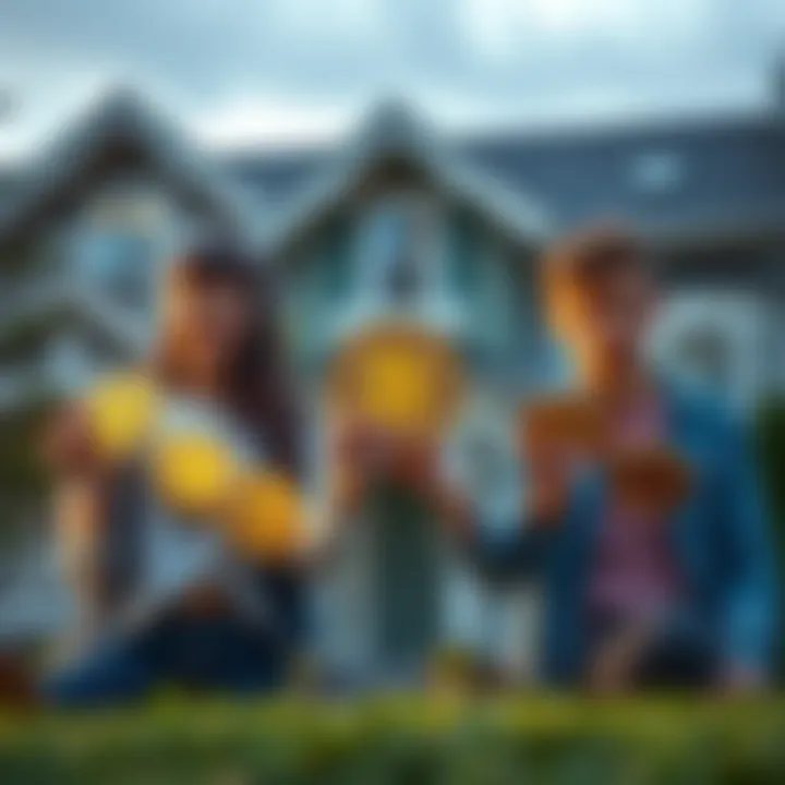 Bitcoin Empowering Younger Generations Younger individuals holding Bitcoin coins while standing in front of a house, symbolizing wealth and financial independence.