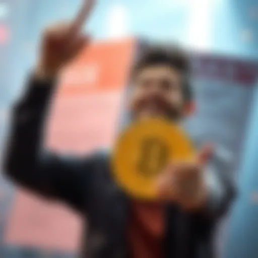 A happy person holding a Bitcoin symbol with a forum ban notice in the background, representing the experience of being banned for sharing economic views.