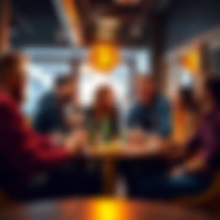 A group of Bitcoiners discussing their cryptocurrency journeys at a casual meetup