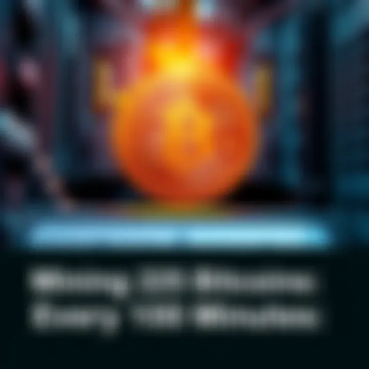 A graphical representation of bitcoins being mined, showing a digital coin and mining equipment with a timer indicating the 10-minute mark.