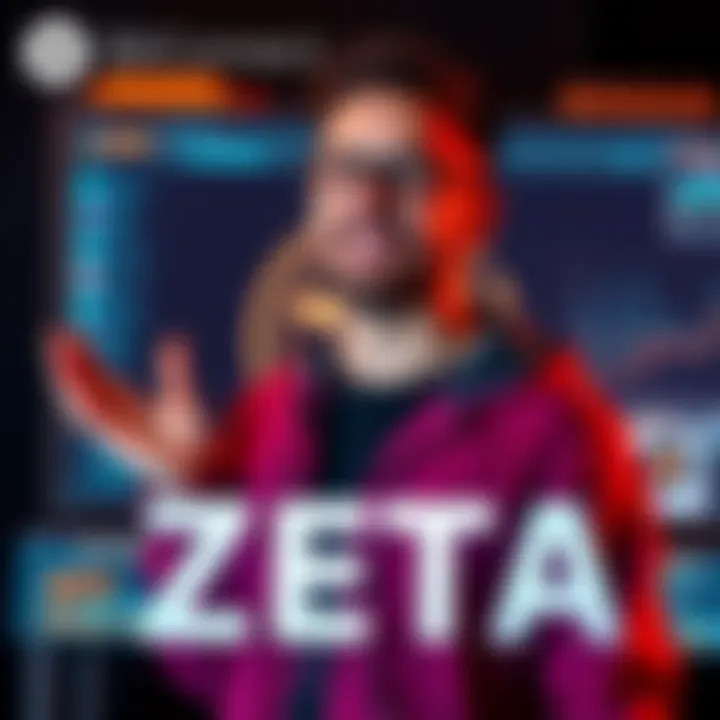 BitConnect Roy stands in front of a digital screen showcasing the Zeta programming language logo and features, symbolizing a new tech era