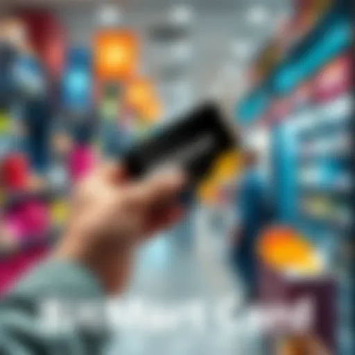 BitMart Card in a Shopping Setting A hand holding a BitMart Card while shopping, surrounded by shopping bags and products, representing earning rewards while spending.