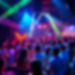 Crowd enjoying music and drinks at BitMart's #ConsensusHK afterparty with DJs and vibrant lights in the background