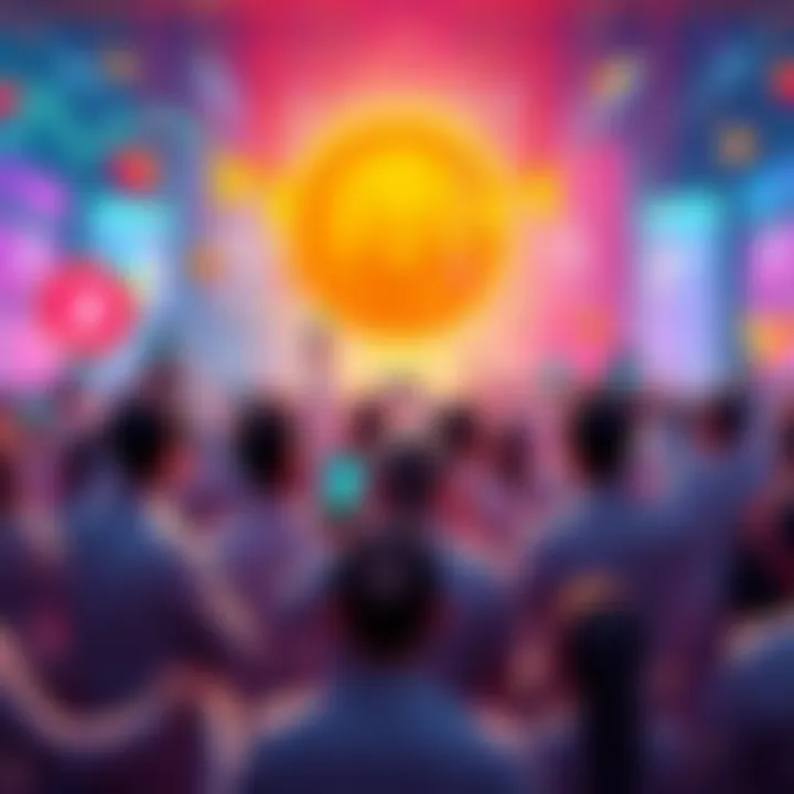 A festive graphic showing people celebrating Bitmart's 8th anniversary with trading symbols and memes in the background.