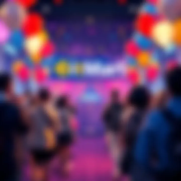 People celebrating BitMart's eighth anniversary with balloons and banners in a festive setting.