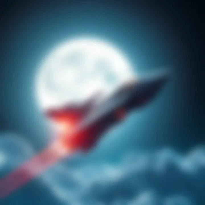 BitMartโs Crypto Journey A futuristic spaceship representing BitMart soaring towards a full moon, symbolizing ambitious goals in the cryptocurrency market.