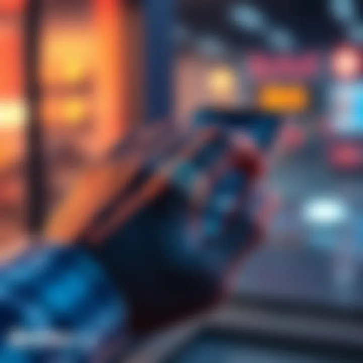 BitMart Emotion Trading Ring on hand A person wearing the BitMart Emotion Trading Ring, showcasing its sleek design while looking at trading charts on a smartphone.