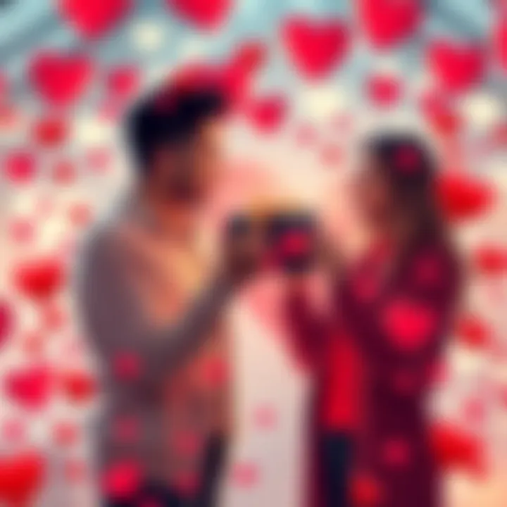 A festive scene featuring a couple exchanging gifts with a BitMart Card in hand, surrounded by hearts and USDT symbols, celebrating Valentine's Day.