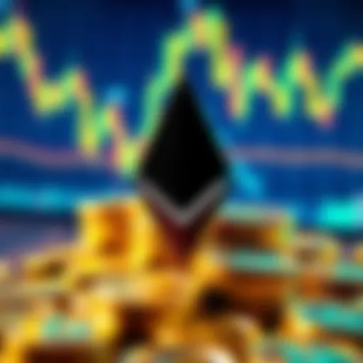 A visual representation of BitMine investing in Ethereum, showing cryptocurrency coins with financial graphs in the background.