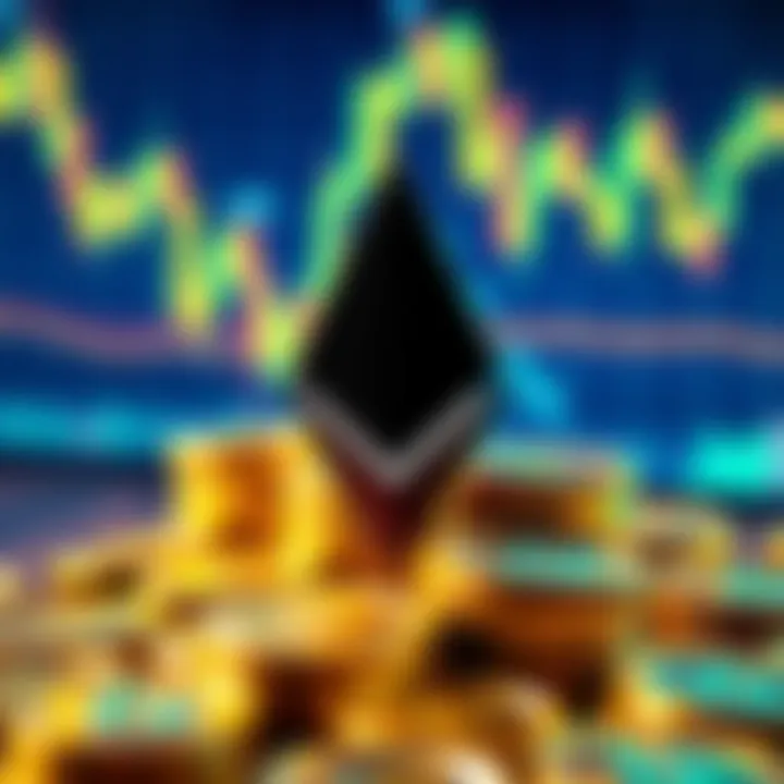 A visual representation of BitMine investing in Ethereum, showing cryptocurrency coins with financial graphs in the background.