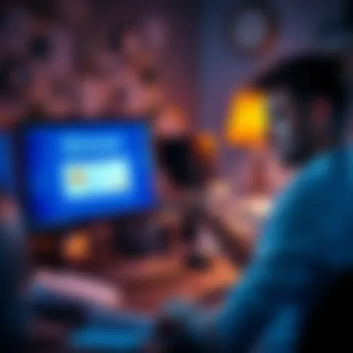 A person looking puzzled at a computer with Bitstamp interface on screen, showing an account frozen notification. Papers scattered around indicating frustration over financial documentation.