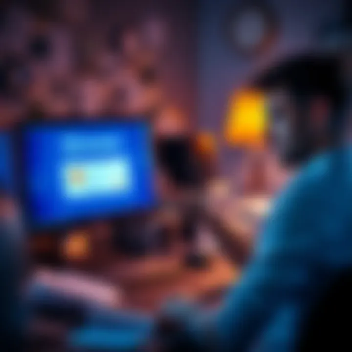 A person looking puzzled at a computer with Bitstamp interface on screen, showing an account frozen notification. Papers scattered around indicating frustration over financial documentation.