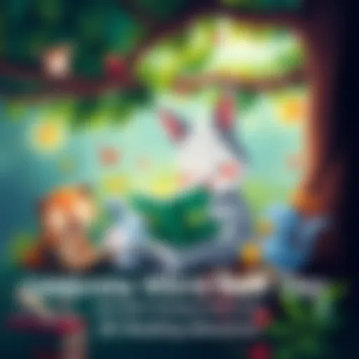 Bitto sitting under a tree, joyfully reading a book surrounded by colorful illustrations and characters from stories