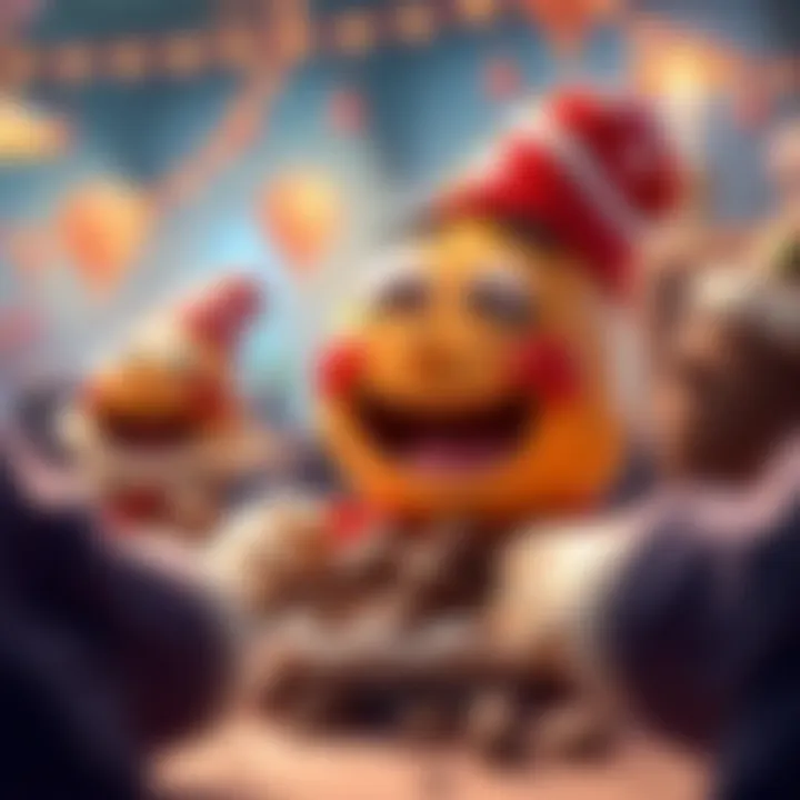 A cheerful character named Bitto happily eating chocolate covered raisins, surrounded by friends in a festive atmosphere.