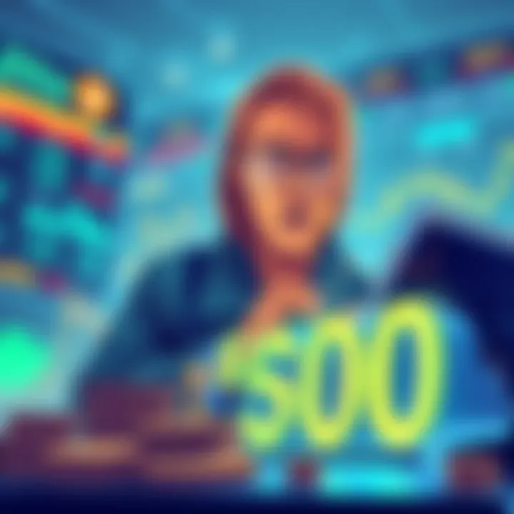 A digital illustration of Bitto analyzing data for a prediction on BitMart, with a $100 bet highlighted in the foreground.