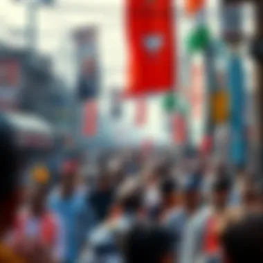 A crowded street in India showing people discussing and reacting to political policies, with banners and posters in the background.