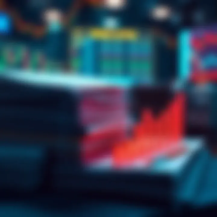 A visualization of BlackRock's bulk buying strategy, showing stacks of financial documents and bar graphs indicating market activity.